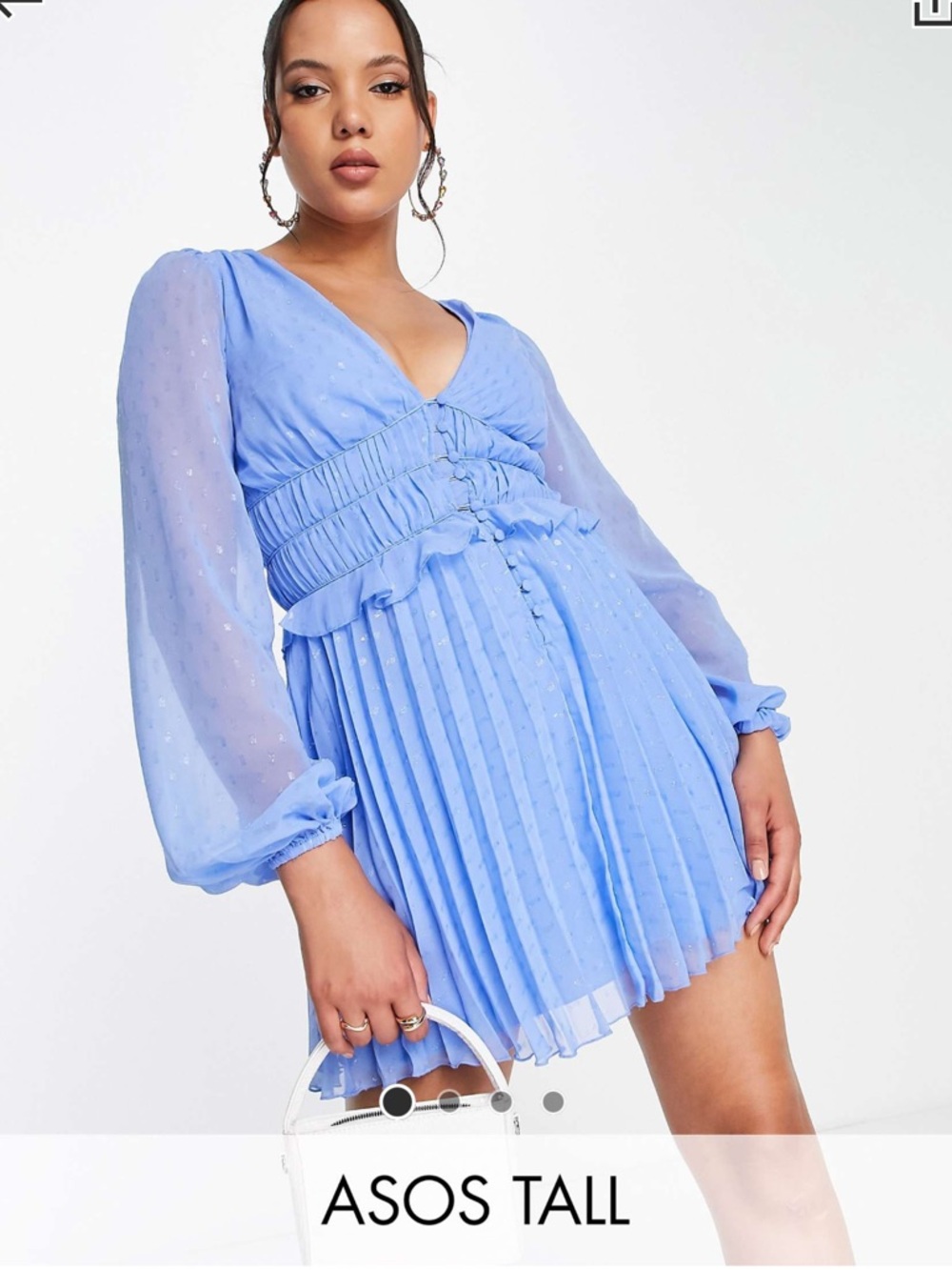 ASOS Tall Cornflower Blue Pleated Mini Dress with Sheer Sleeves